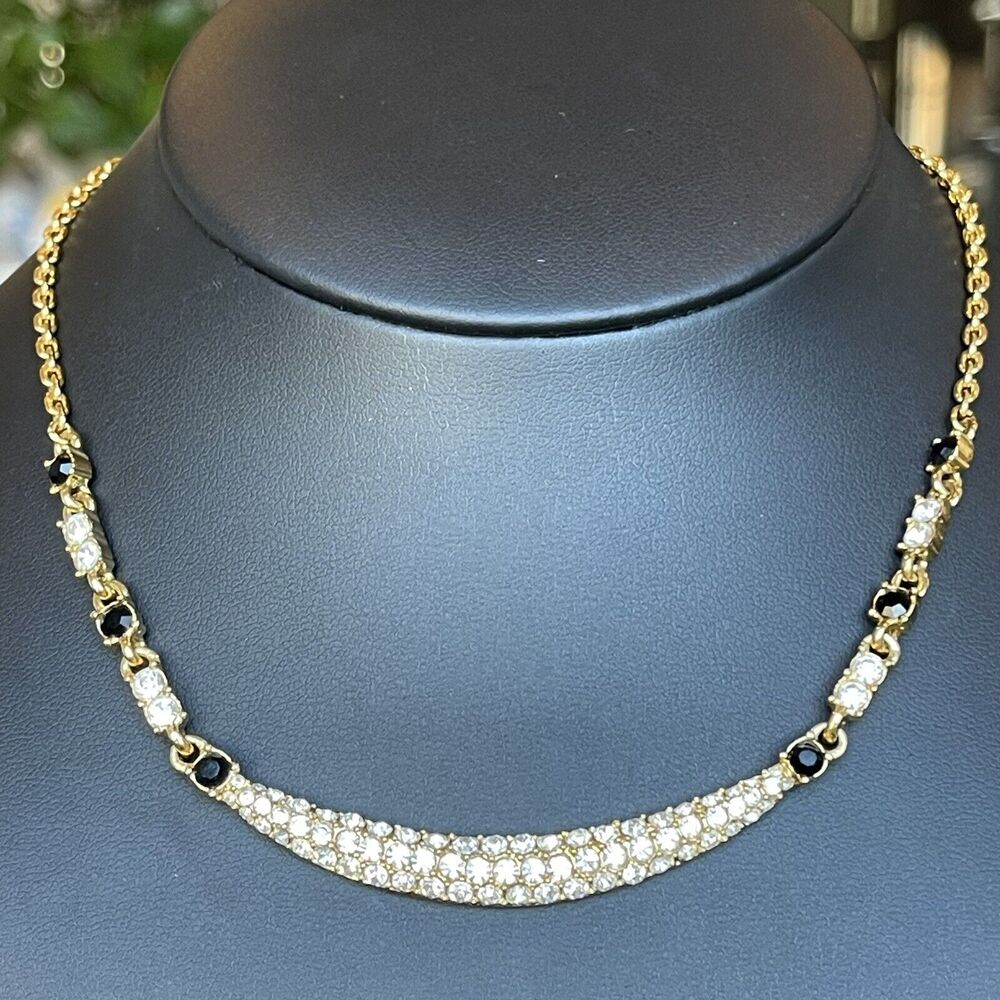 Vintage 1980’s Monet Clear $ Black Rhinestone Crystals Bar Collar Necklace 17”
